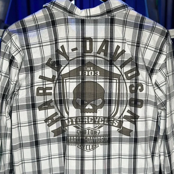 Harley-Davidson Men's Willie G. Skull Shield Plaid Shirt LS, Black/Grey - Picture 6 of 7